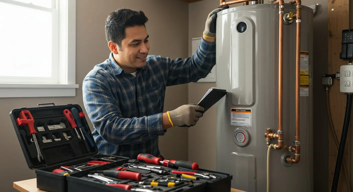 Plumber with tools smiling beside boiler.