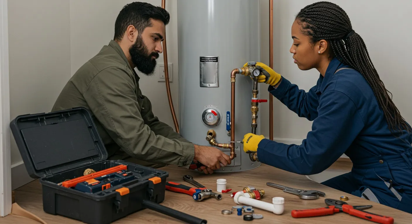 Two plumbers working on a water heater.