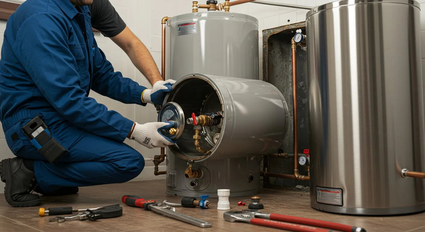 Two men installing a new boiler.