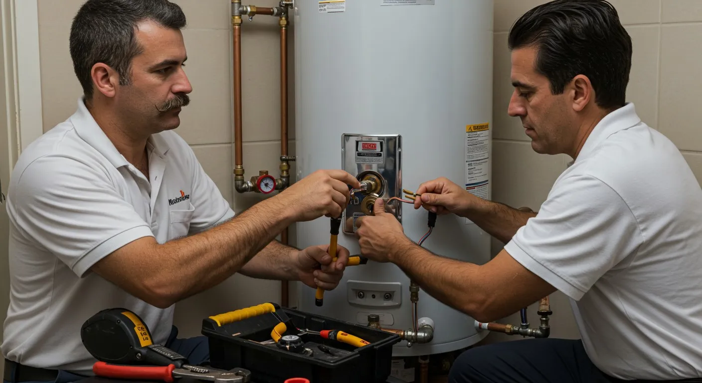 Two plumbers troubleshooting a water heater.