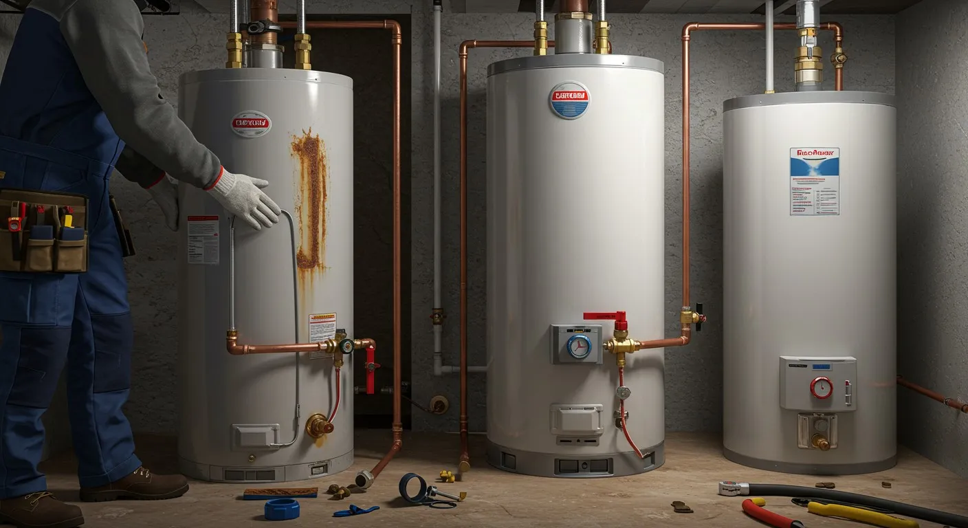 Plumber beside old and new boilers.