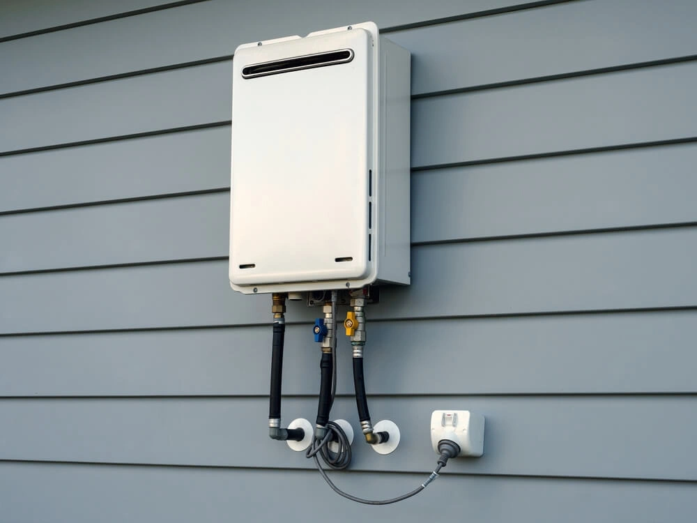 Tankless water heater installed on siding.