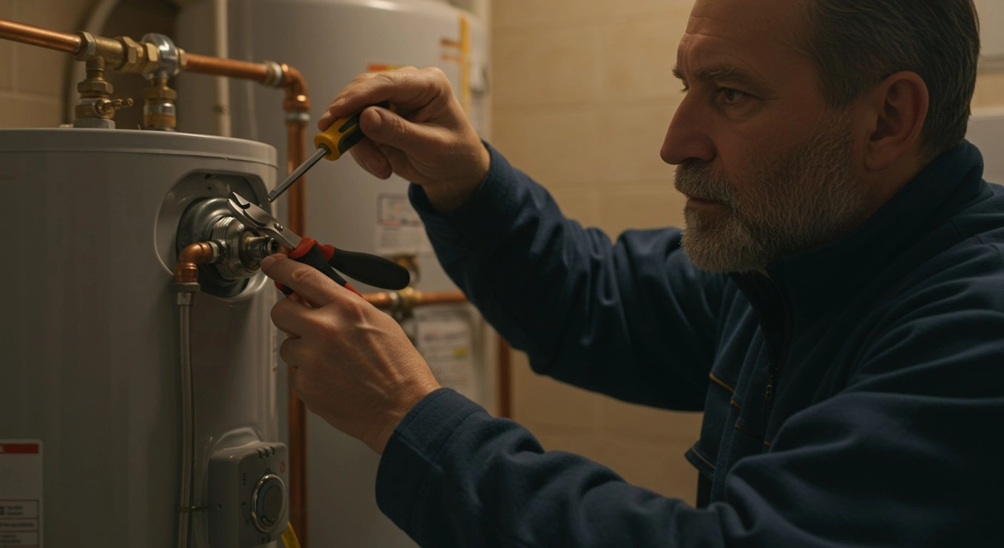 Plumber repairing a residential water heater.
