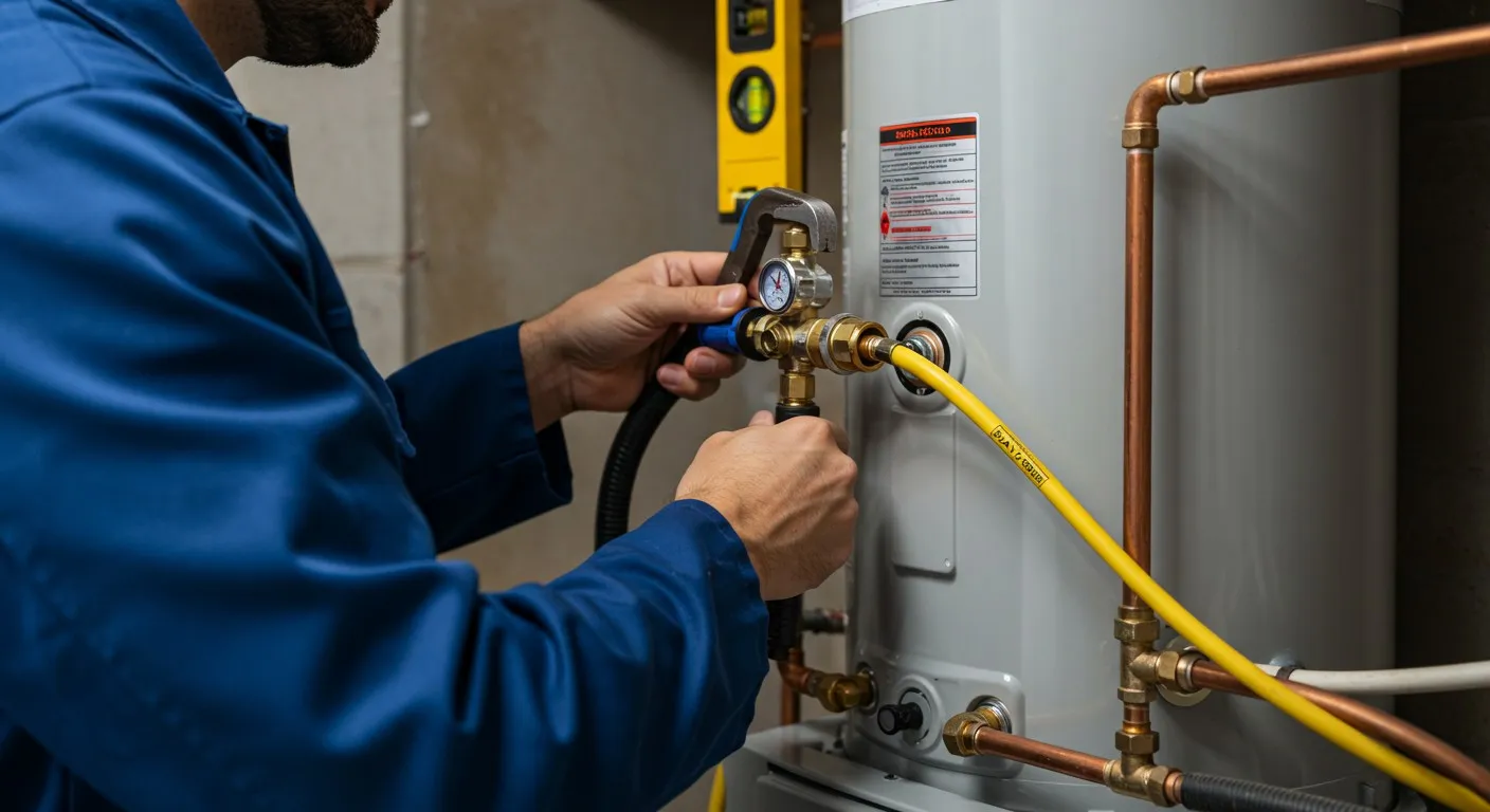 Plumber connecting pipes to water heater.