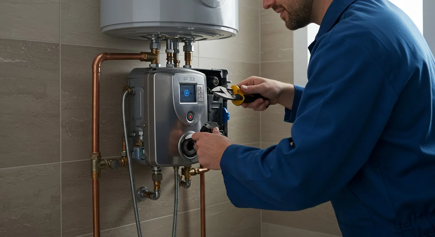 Plumber working on water heater thermostat.