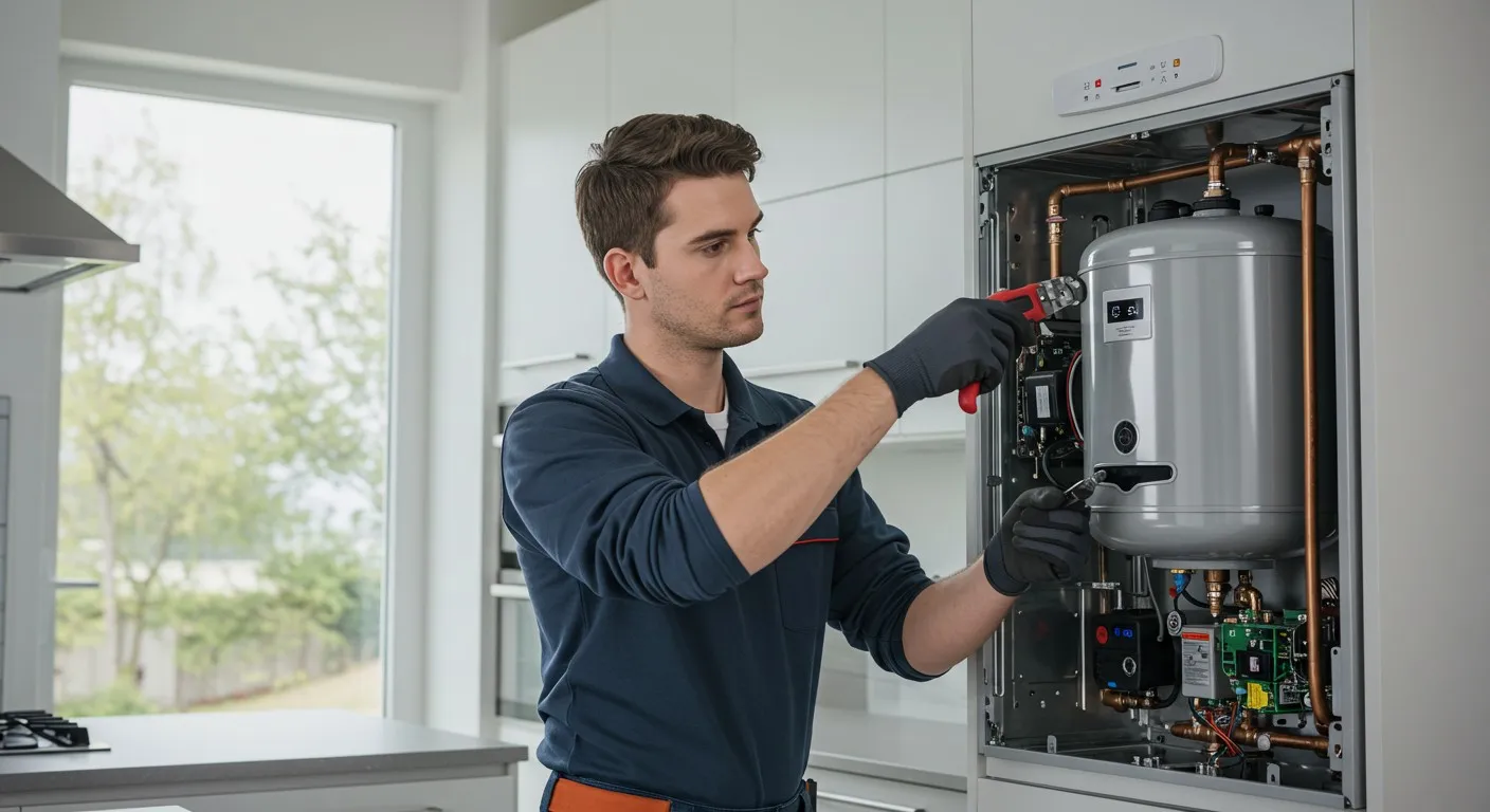 Plumber repairing water heater in kitchen.