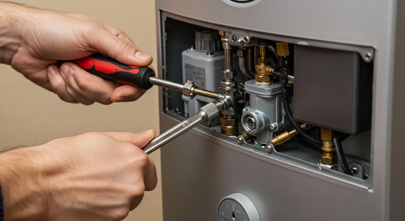 Hands tightening nut on water heater pipe.