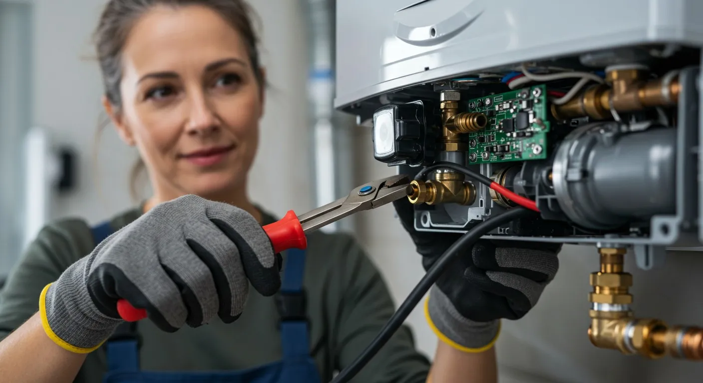 Woman plumber repairing a water heater.