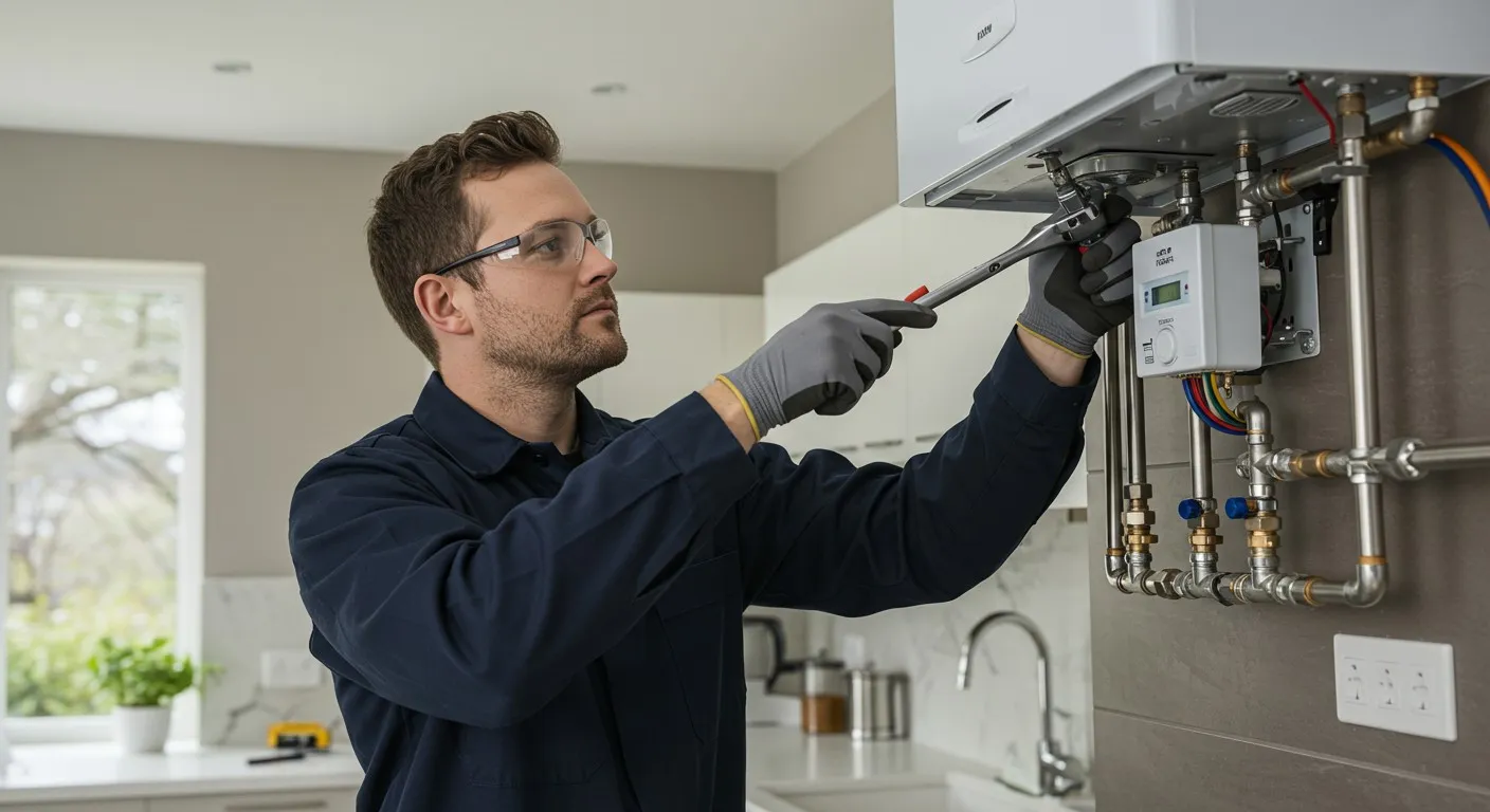 Man fixing water heater with a wrench.