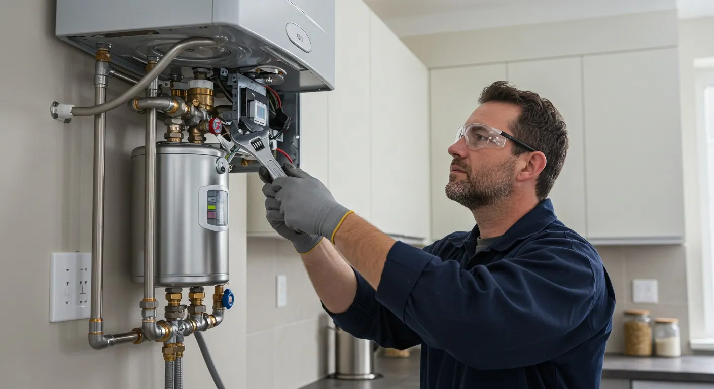 Man using wrench to repair water heater.