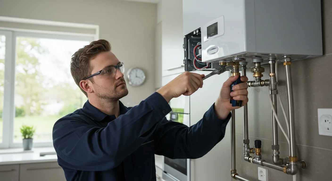 Man tightening pipes on water heater.