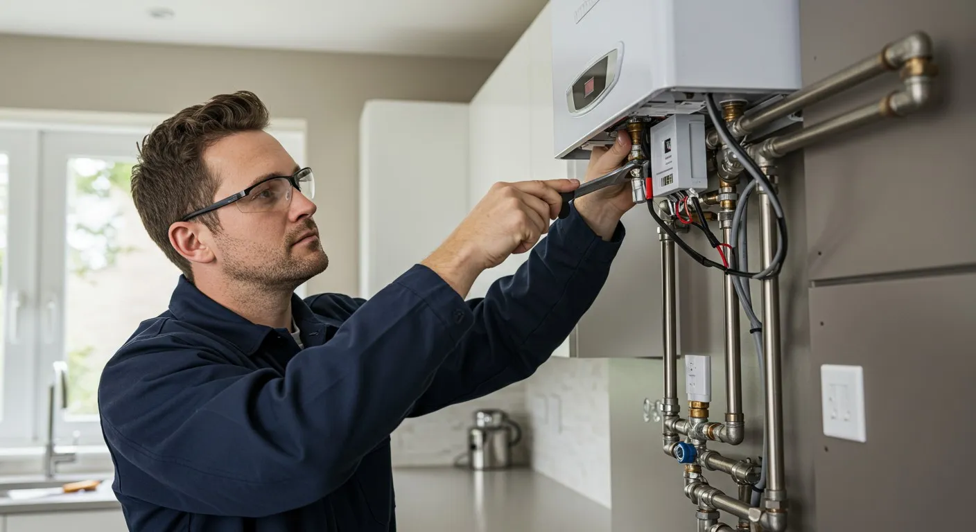 Man using wrench on water heater.