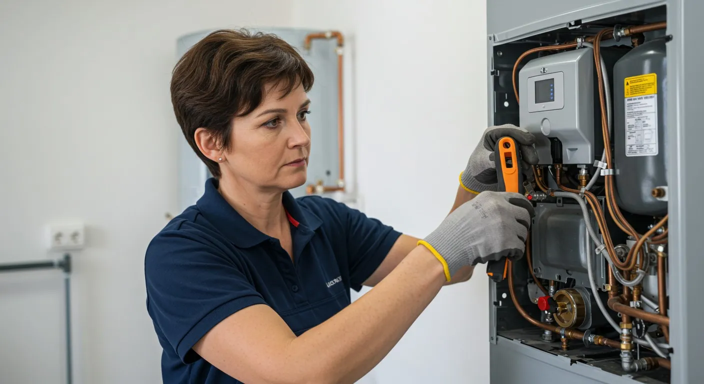 Woman repairing a water heater system.