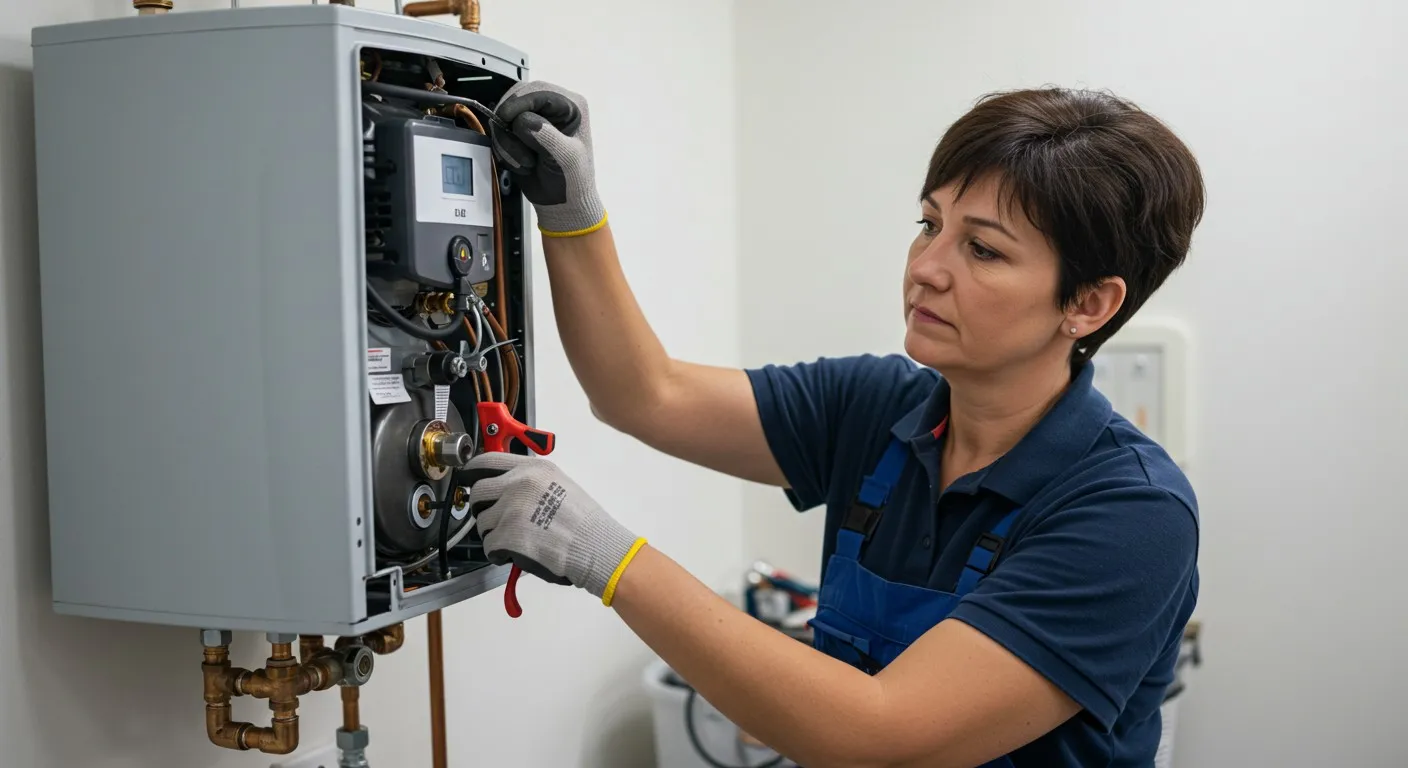Woman in overalls repairing water heater.