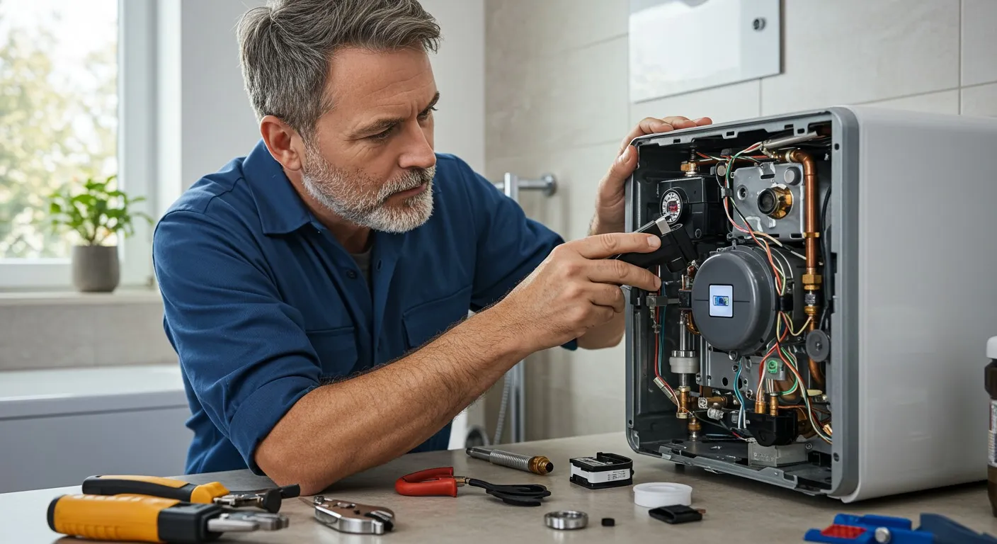 Man in blue shirt repairing boiler.
