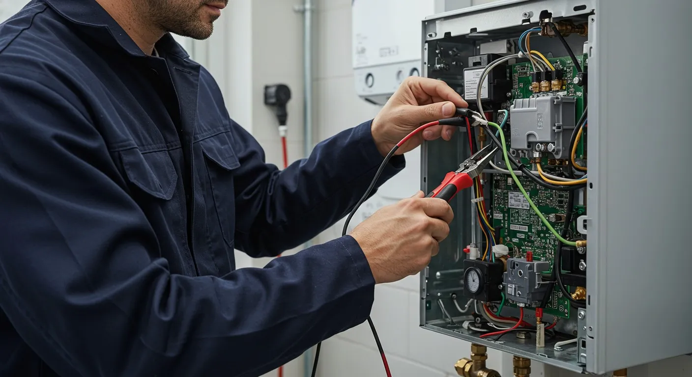 Man checking water heater's electrical circuits.