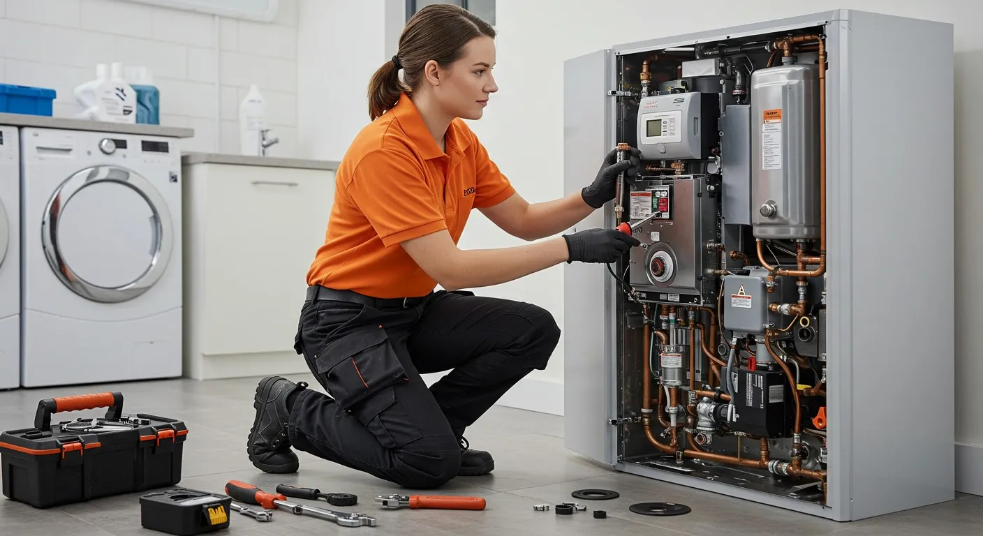 Woman technician repairing water heater in laundry.