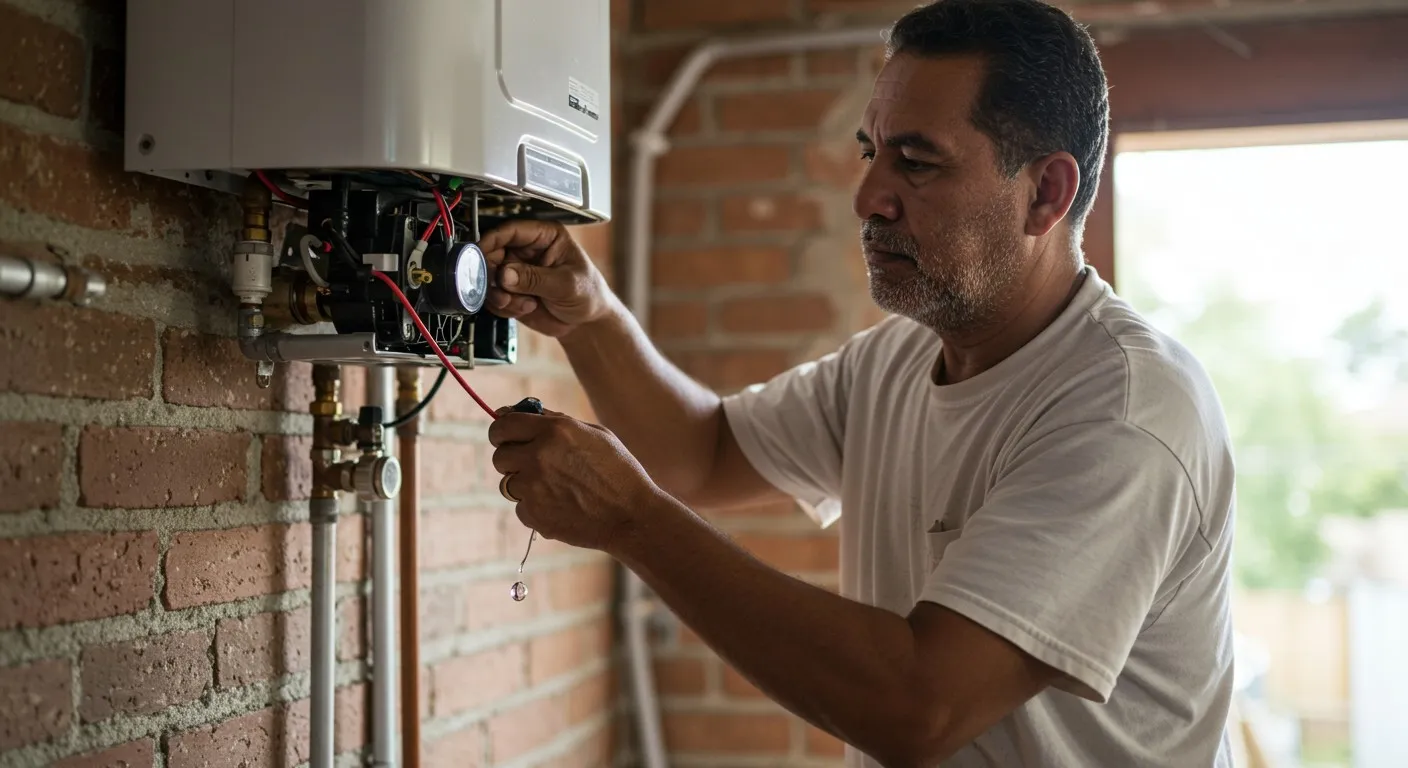 Man working on water heater components.