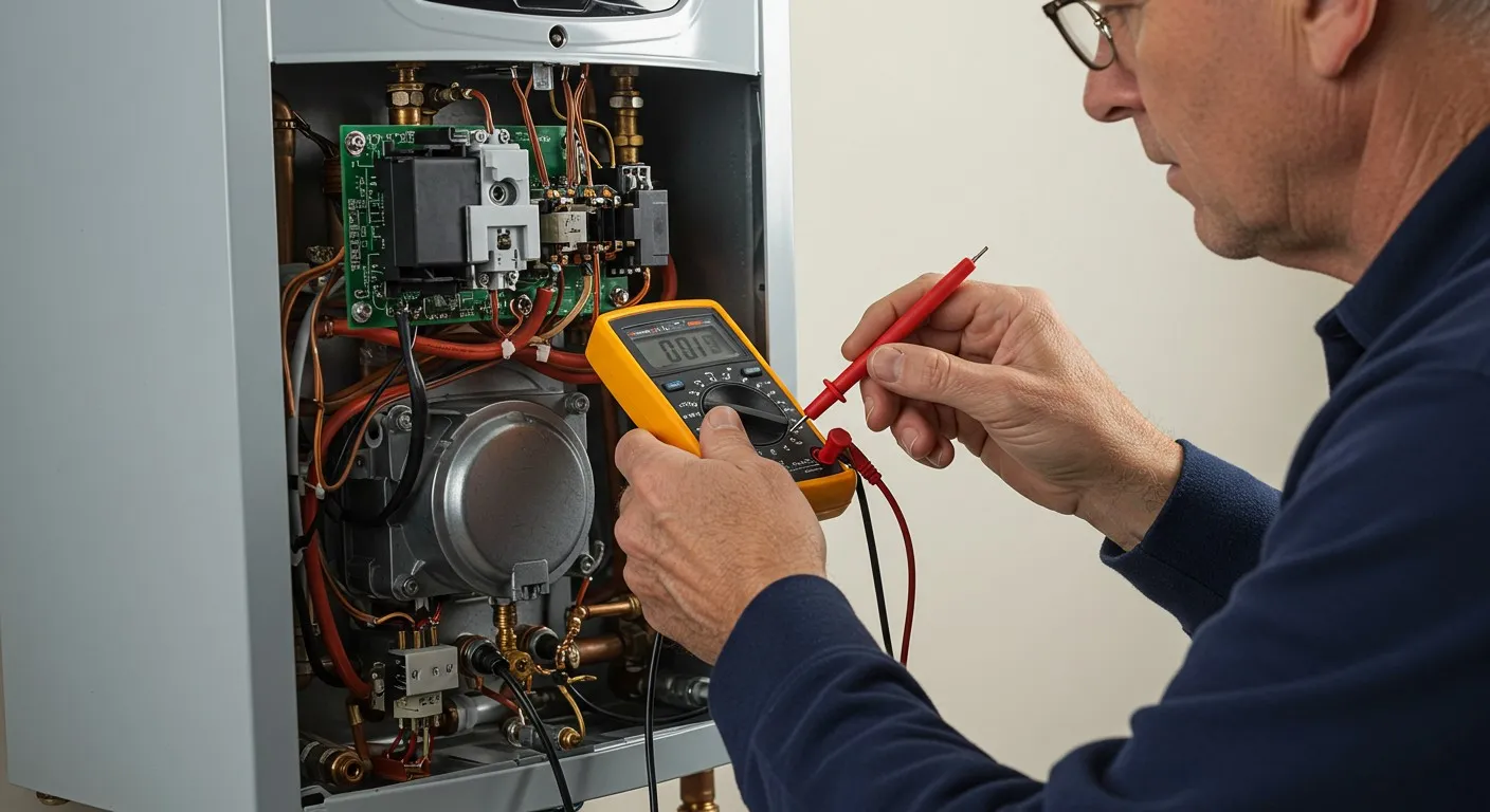 Man checking water heater with a multimeter.