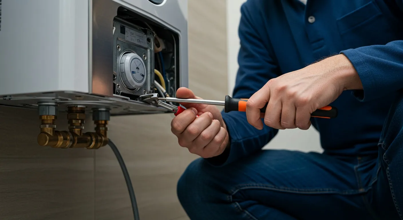 Plumber using pliers on water heater.