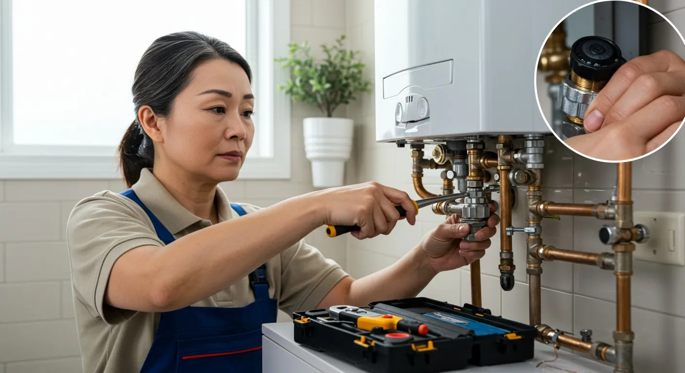 Woman technician fixing water heater pipes.