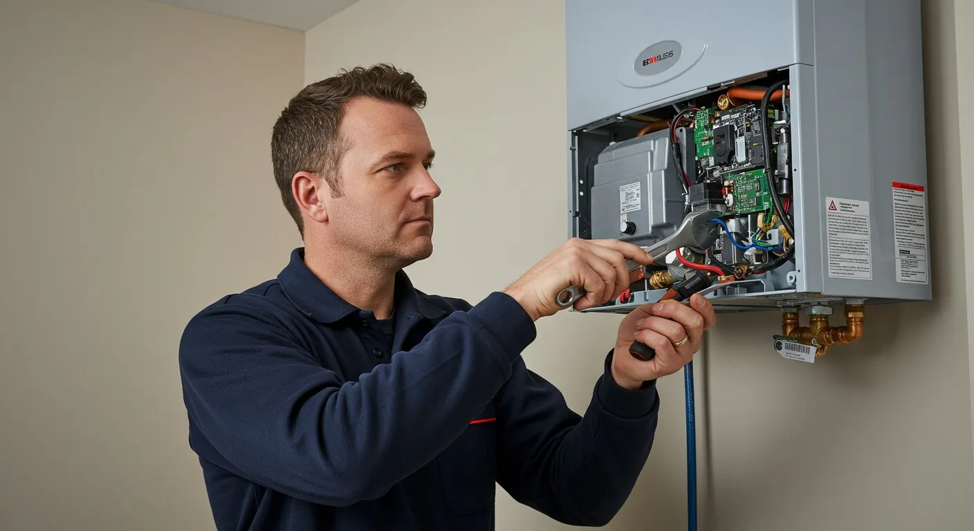 Man tightening pipes on water heater.