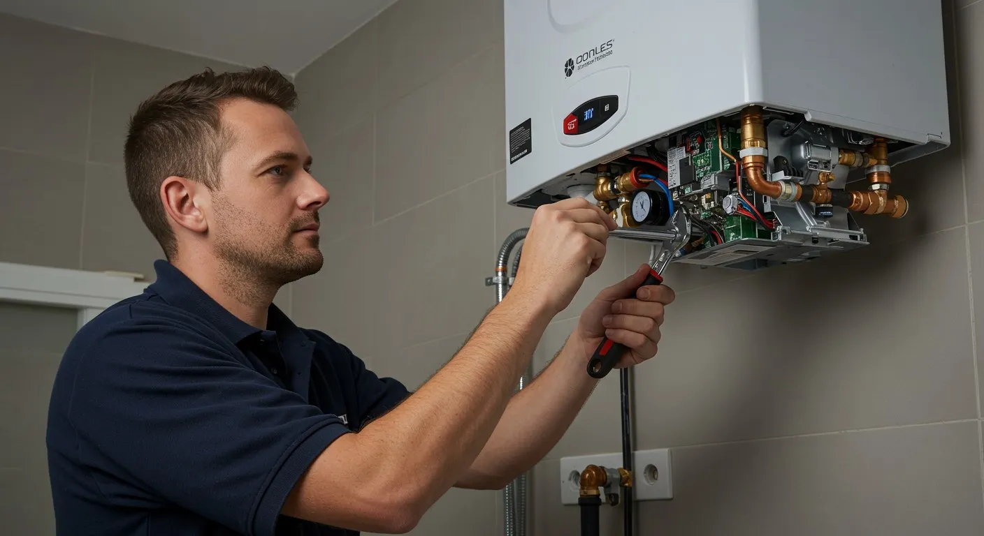 Man using wrench to fix water heater.