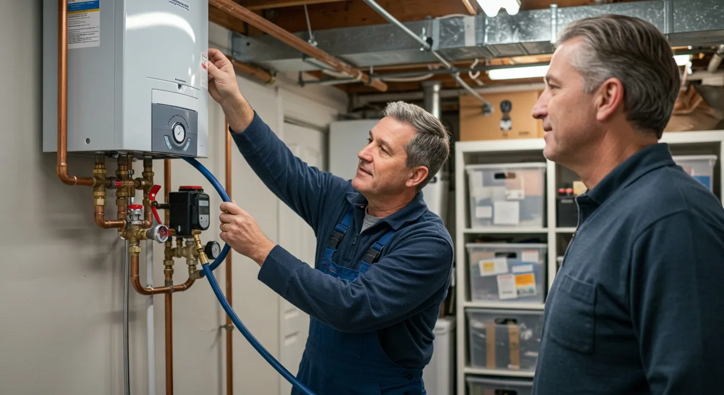 Two men checking a water heater system.