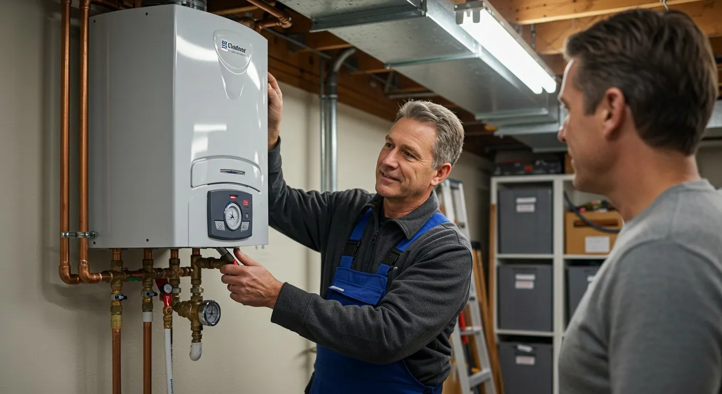 Two men discussing a water heater.