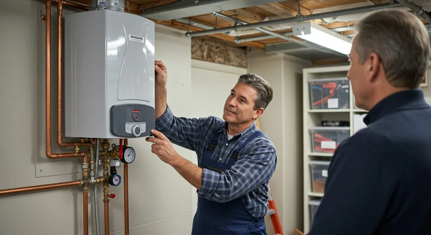 Plumber showing customer a boiler.