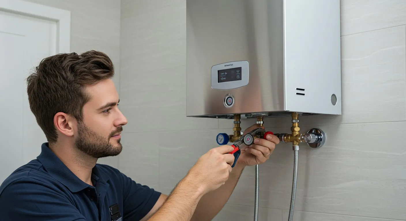 Man installing pipes on water heater.