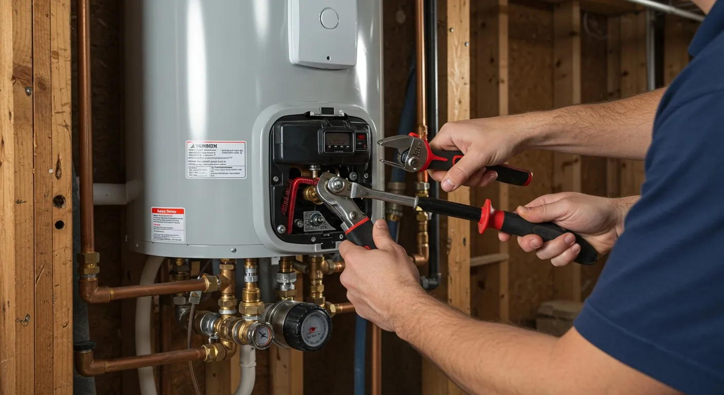 Two men working on a water heater.