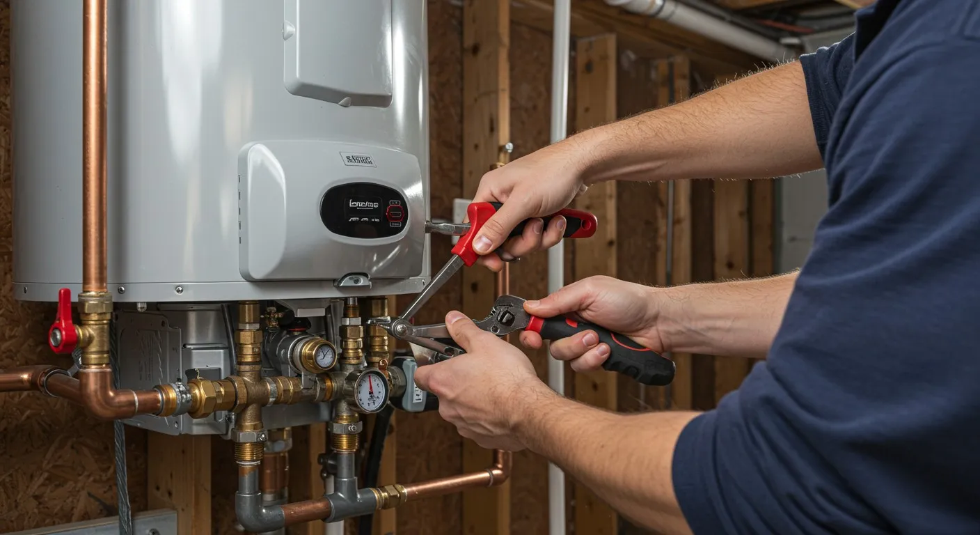Hands installing pipes on water heater.