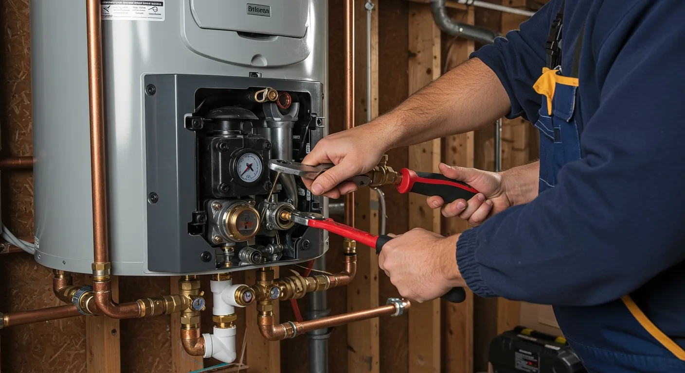 Two men fixing a water heater.