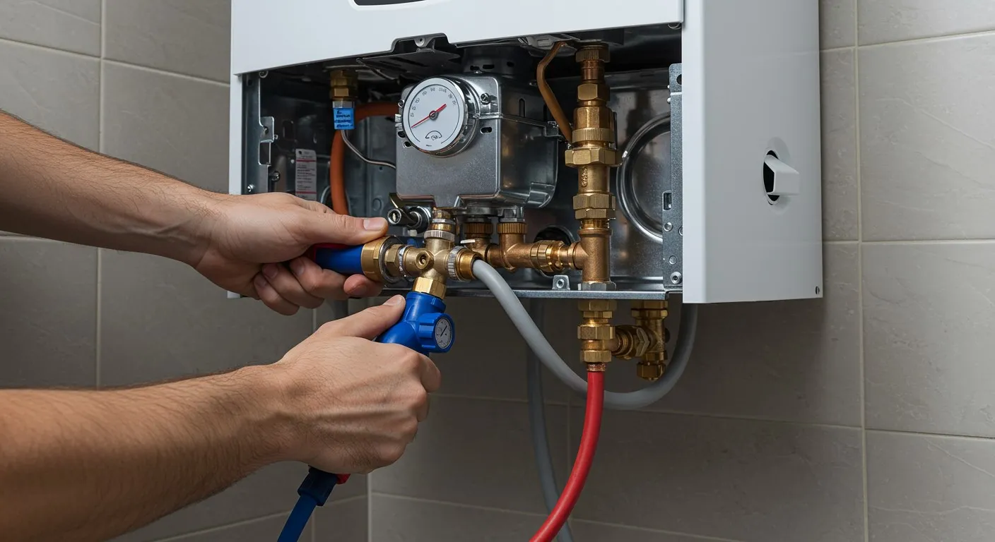 Man fixing pipes on water heater.