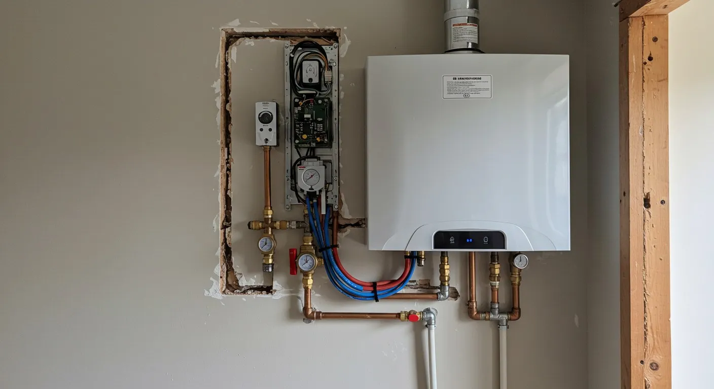 Wall-mounted water heater and pipes.
