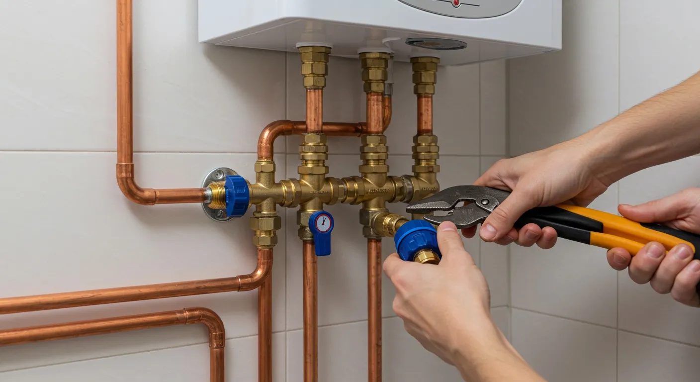 Hands installing copper pipes on water heater.
