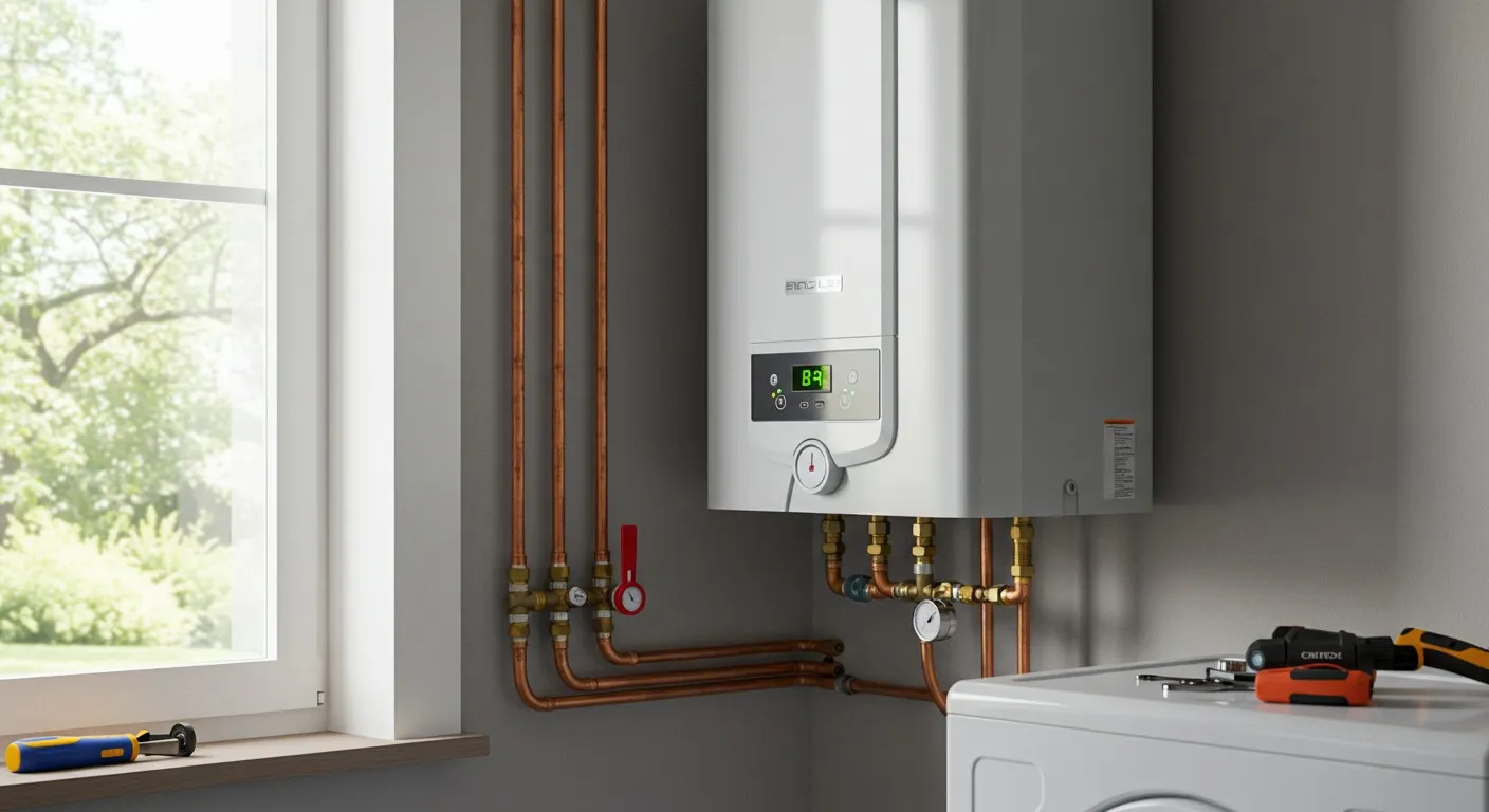 Mounted water heater with exposed copper pipes.