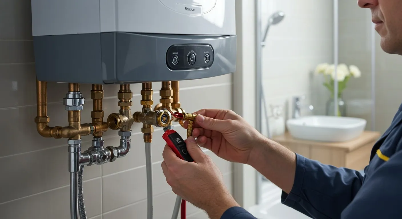 Man checking water heater with a multimeter.