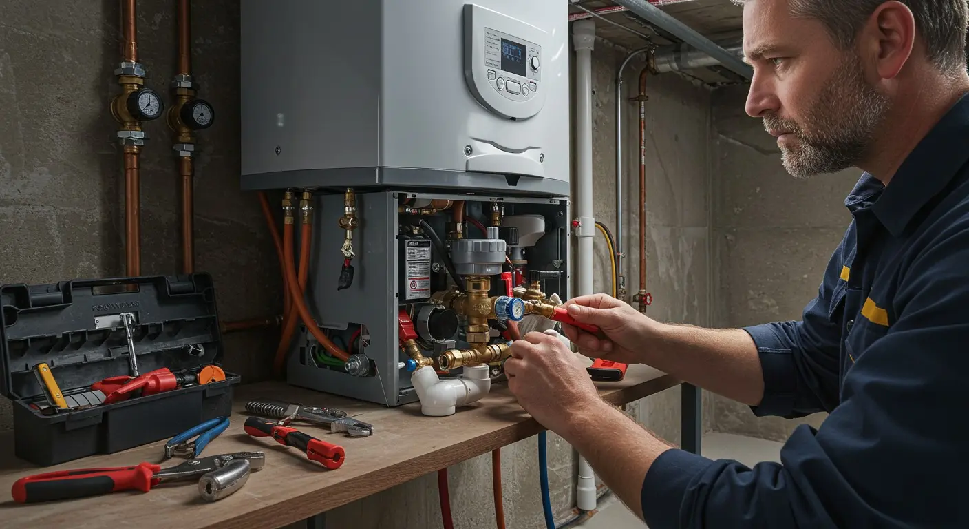 Man working on water heater.