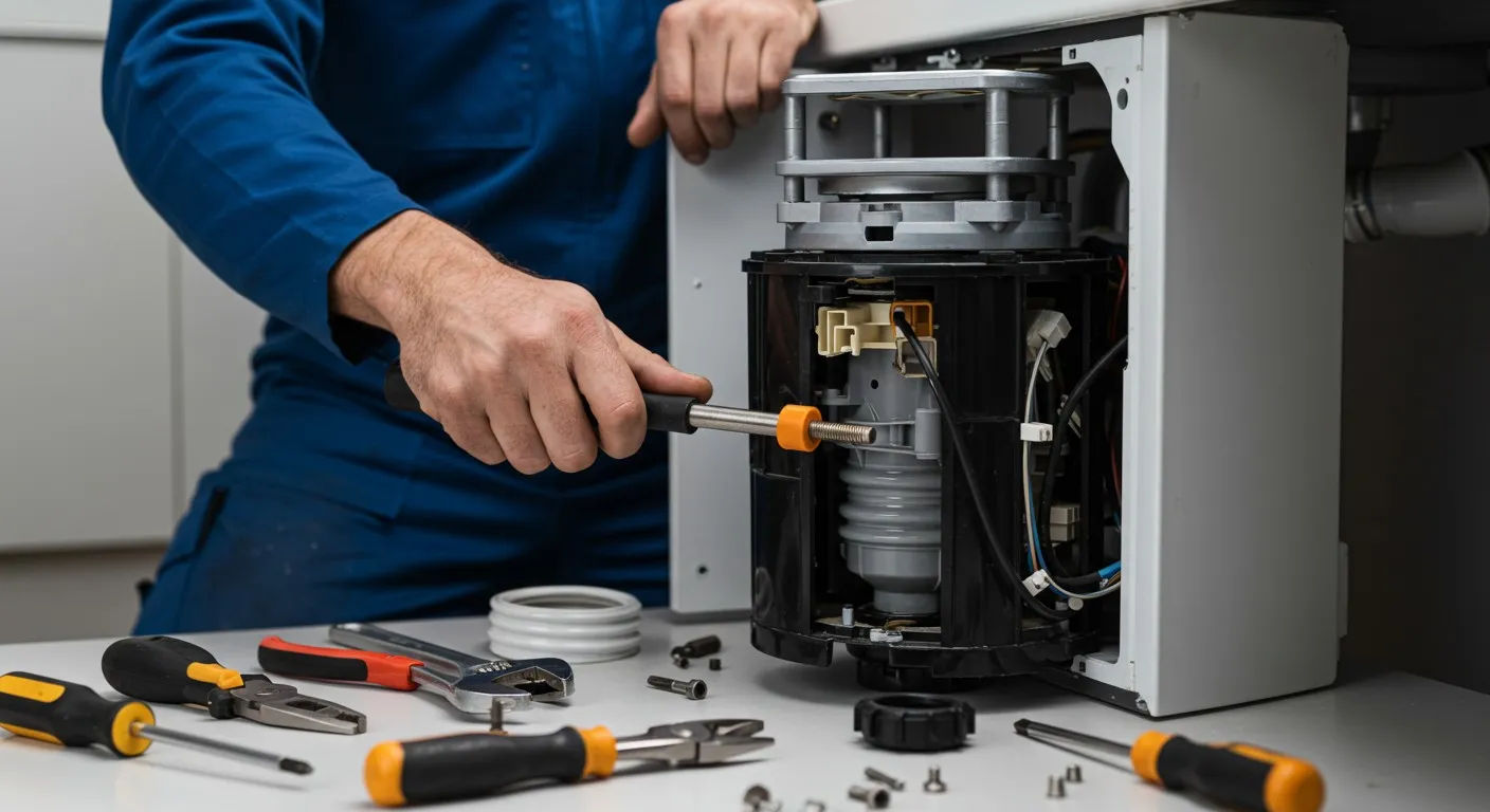 Man repairing a garbage disposal unit.