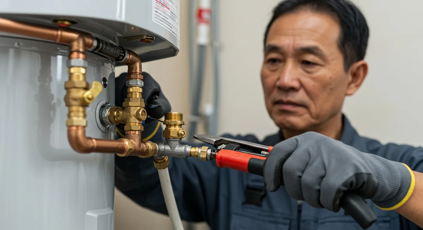 A plumber working on a water heater.