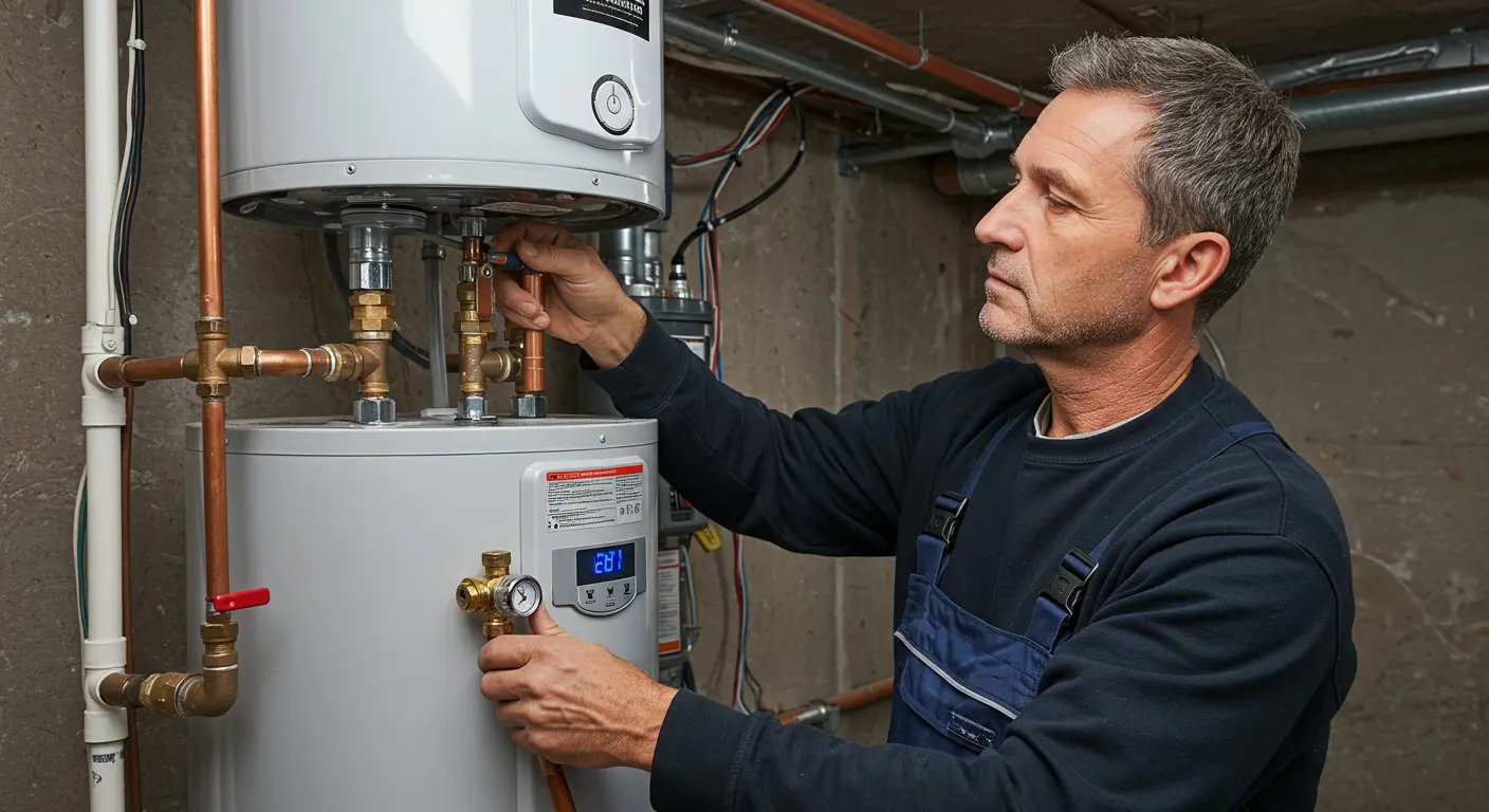A plumber working on a water heater.