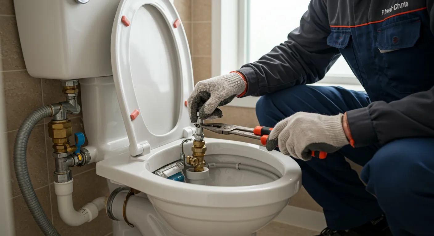 A plumber repairing a toilet cistern.