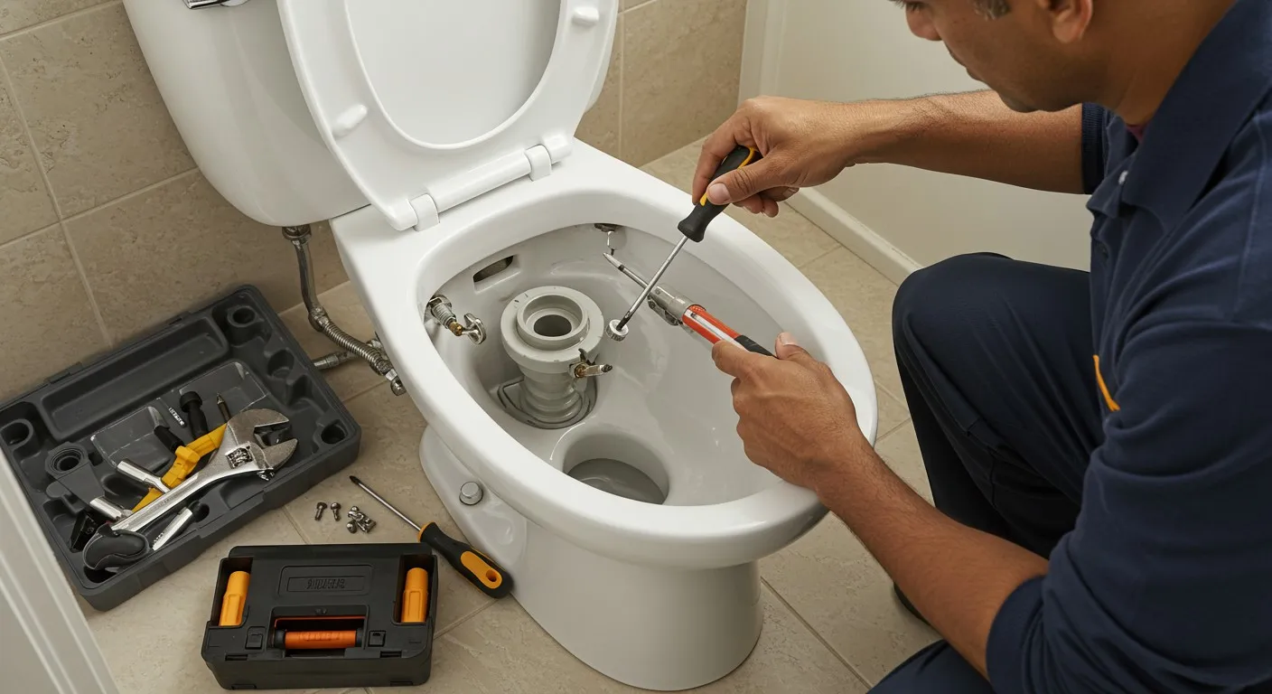 A plumber repairing a toilet cistern.