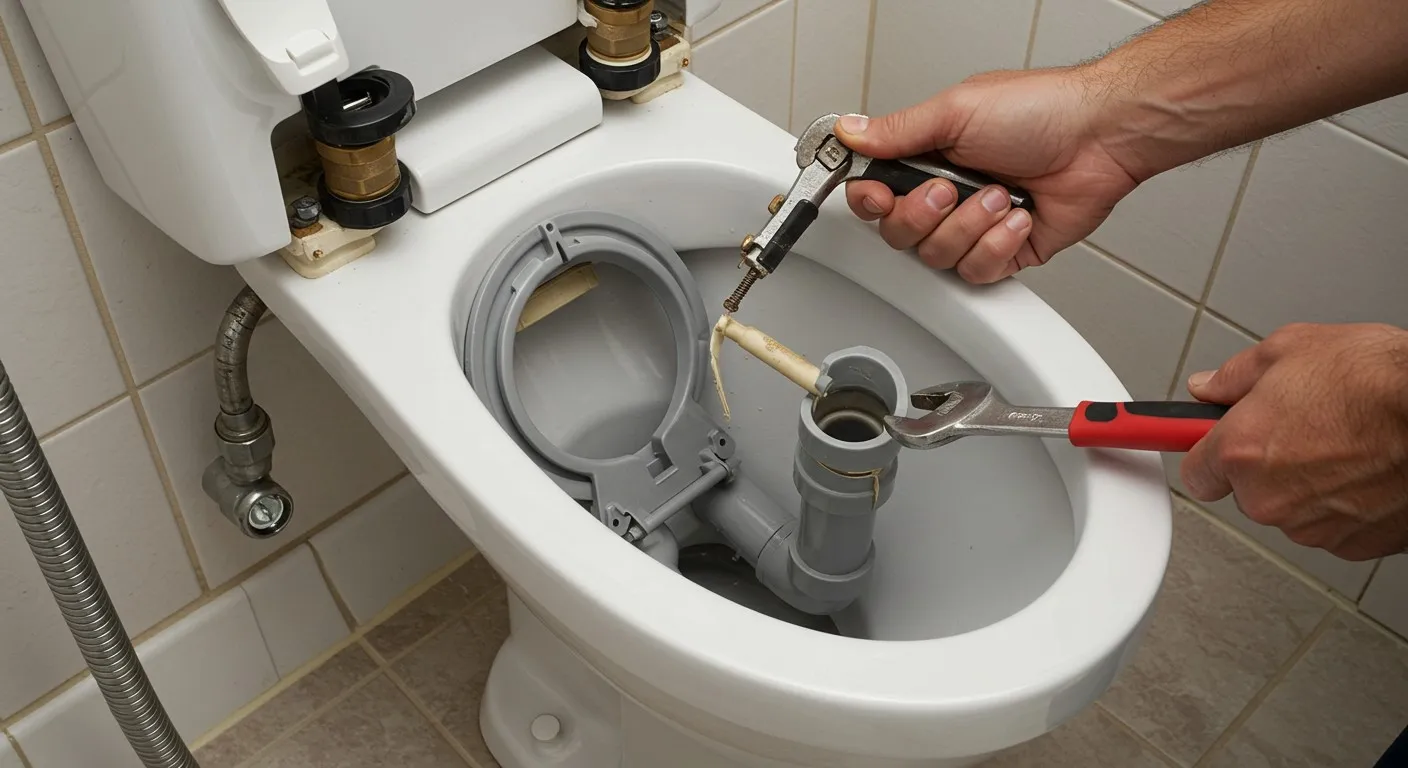 A plumber repairing a toilet cistern.