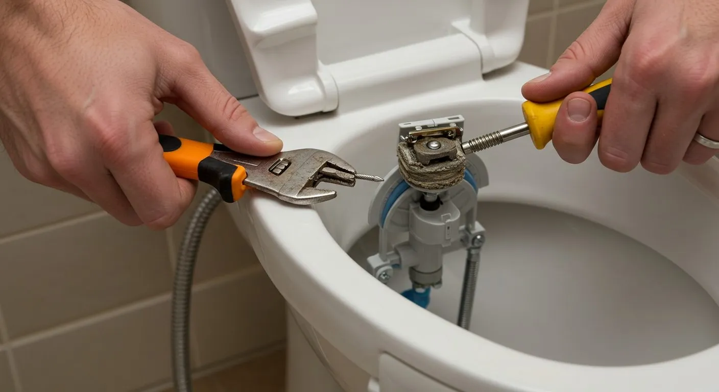 A plumber repairing a toilet cistern.