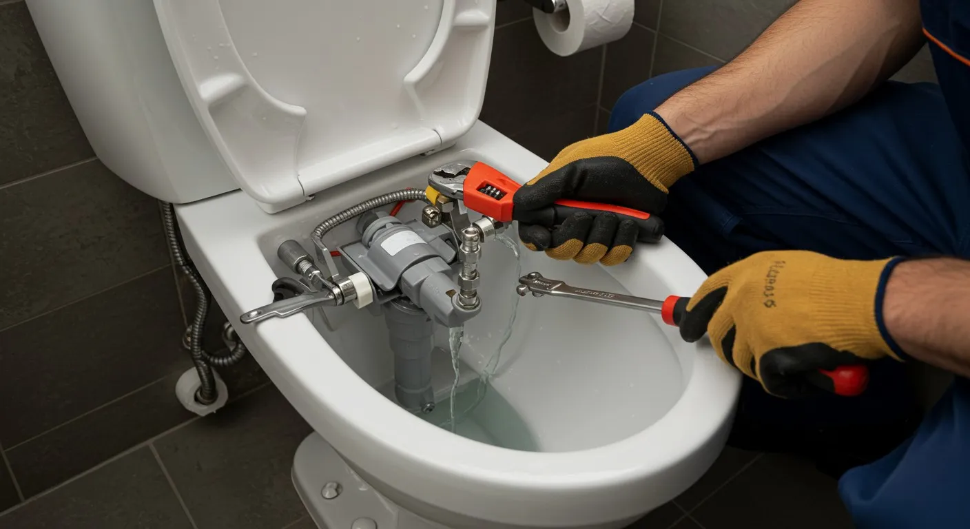 A plumber repairing a toilet.