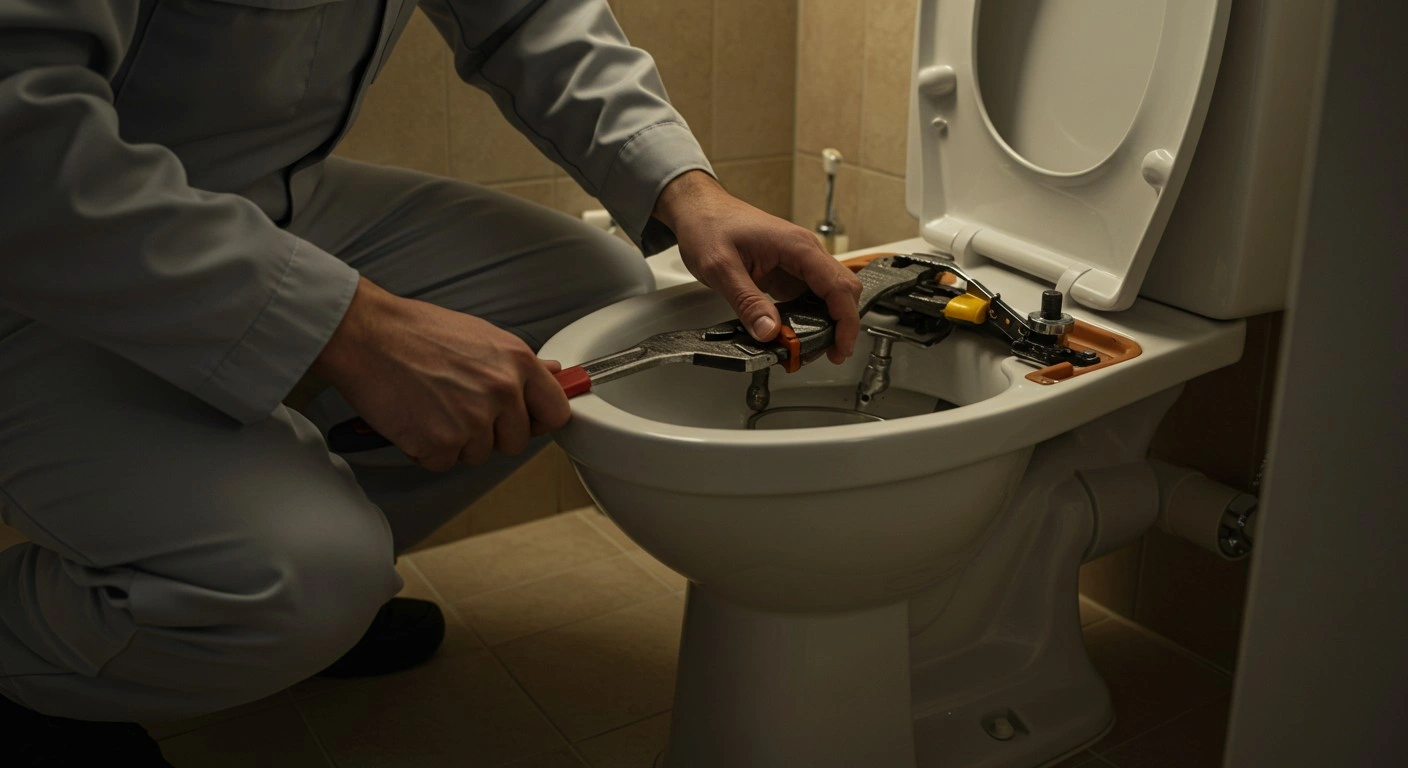 A plumber repairing a toilet flush mechanism.