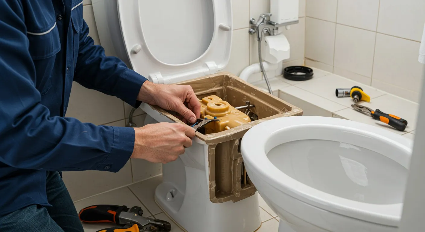 A plumber repairing a toilet flush.